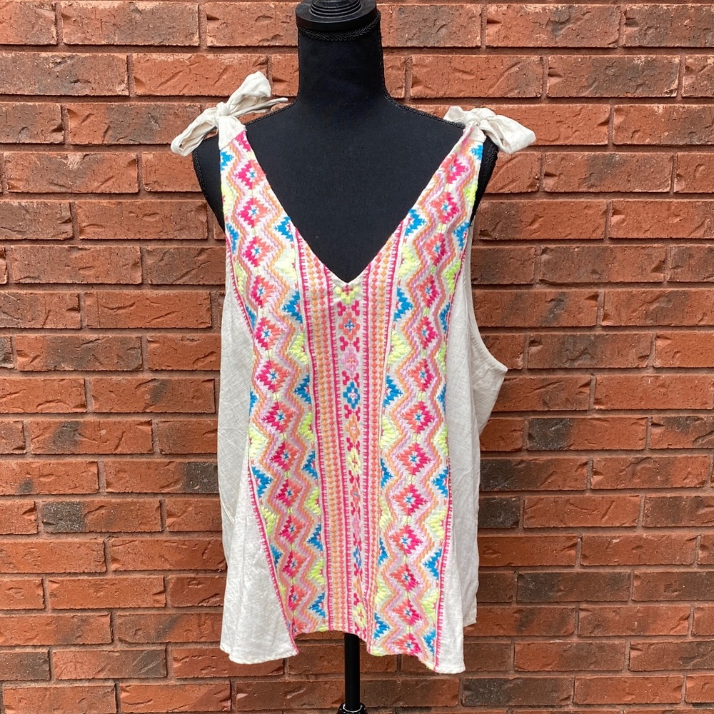 Savanna Jane Boho Tie-Shoulder Embroidered Tank Top 1X